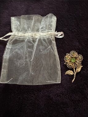 Whimsical Gold Floral Broach with Green Center Green Broach Gold broach